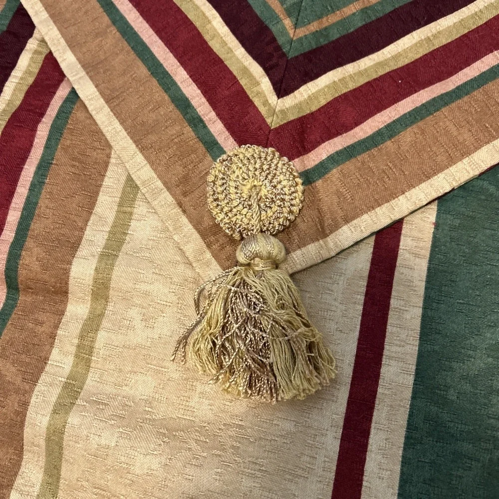 Custom Made Queen Bedskirt and 4 Shams Gold Green Red Stripe Tassel Fringe 1399